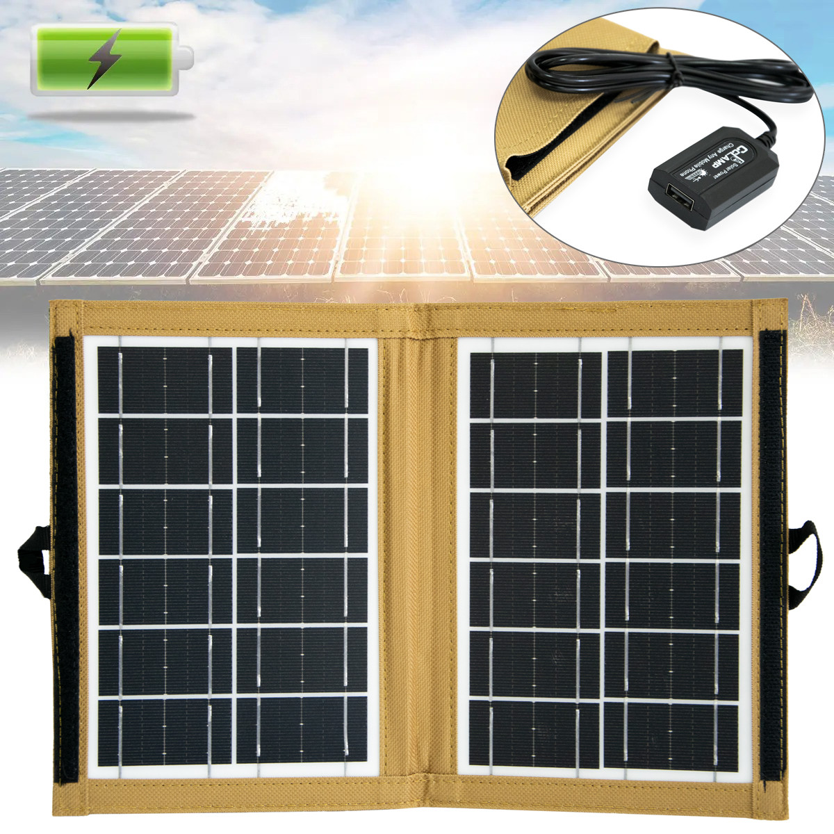 Портативна сонячна панель з USB-виходом, 7.2W 6 V 1.2A CL-670, Бежева, сонячна панель для кемпінгу