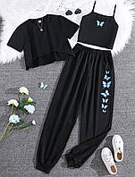 Женский трендовый стильный базовый костюм тройка с бабочками топ майка и джоггеры (черный, белый)