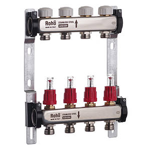 Колектор із витратоміром і термостатичними клапанами Roho R804-04 — 1"х 4 вих.