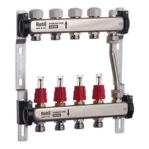 Колектор із витратомірами та термостатичними клапанами з байпасом Roho R814-04 — 1"х 4 вих.