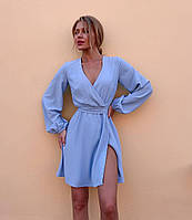 Голубое платье на запах, мини, 4 цвета