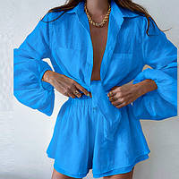 Льняной костюм женский шорты и рубашка Linen L Meoexin синий