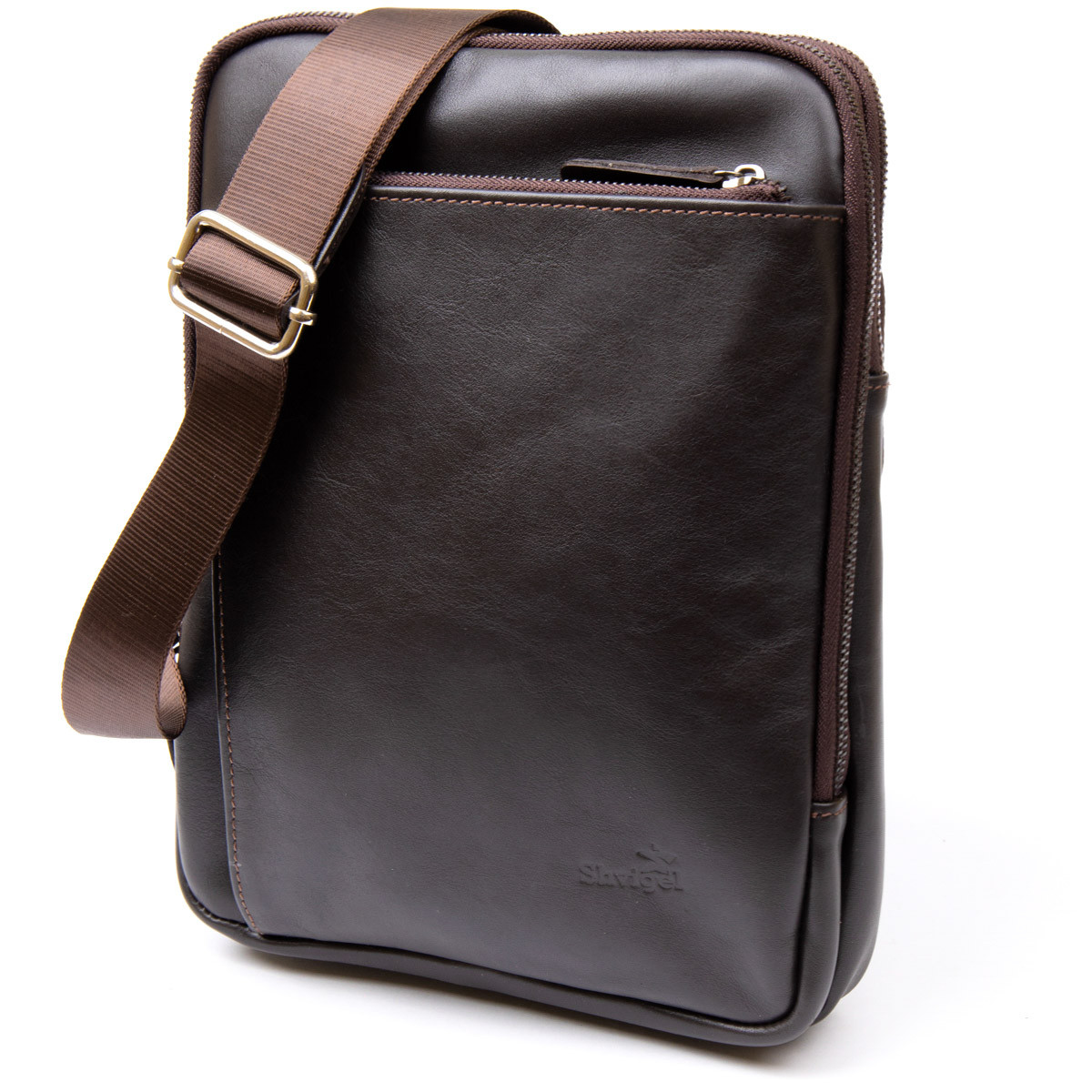 Модна сумка планшет із накладною кишенею на блискавці в гладкій шкірі 11282 SHVIGEL Коричнева 29,5х22х5