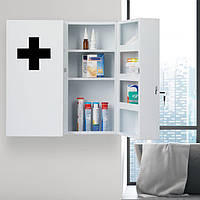 Медицинский двухдверный шкаф-аптечка с замком для хранения лекарств, 11 отделений, сталь, белый, 53,5 x 53 x
