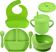 Набор детской силиконовой посуды тарелка слюнявчик тарелка для супа ложка вилка поильник 2Life Y7 7 шт Зеленый