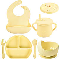 Набор детской силиконовой посуды тарелка слюнявчик тарелка для супа ложка вилка поильник 2Life Y11 7 шт Желтый