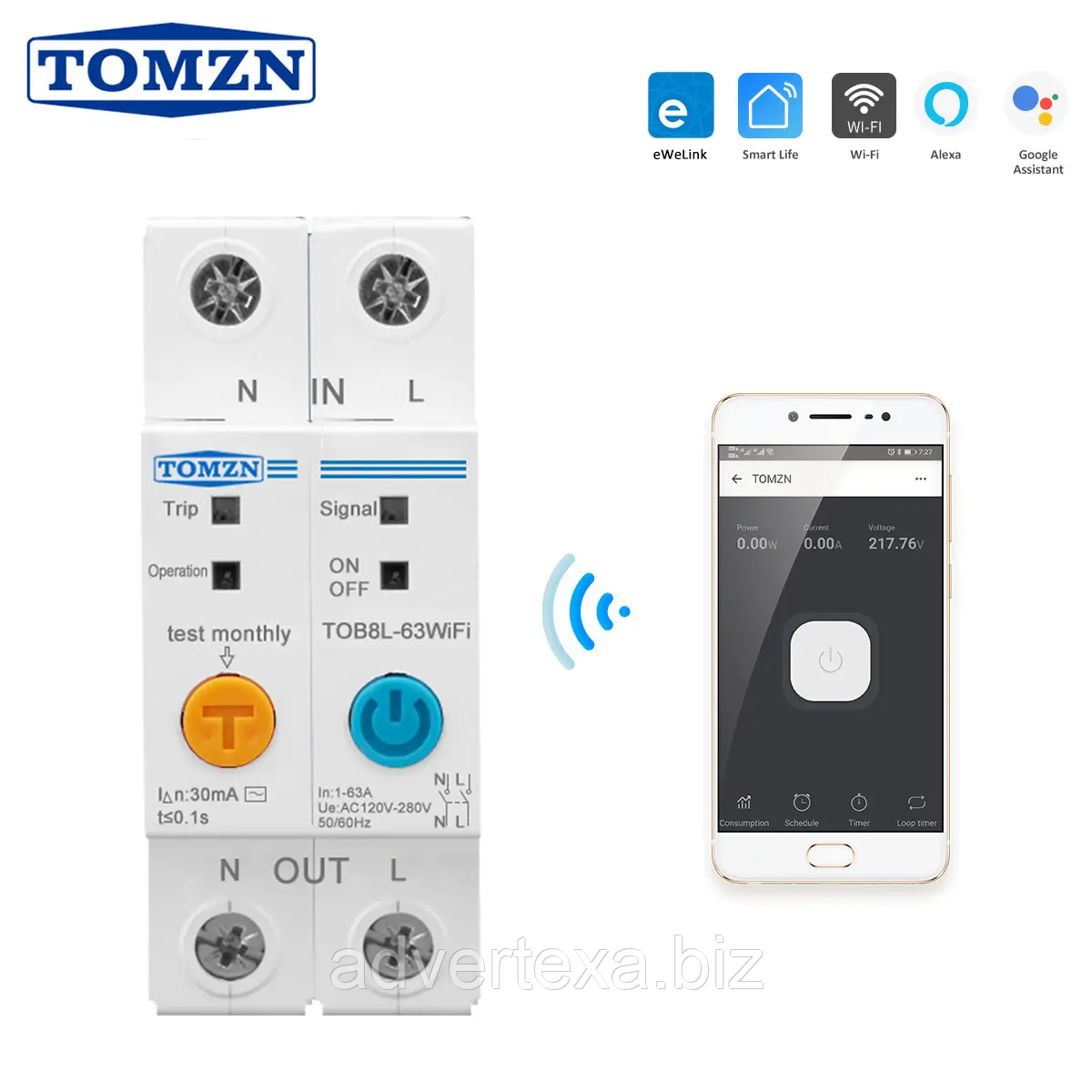 WIFI реле Tomzn TOB8L-63WIFI Ewelink автомат онлайн лічильник електроенергії ватметр. ДИФЕРЕН автомат. УЗО.