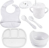 Набор детской силиконовой посуды тарелкаD14, слюнявчик, тарелка для супа, приборы, поильникY1Мрамор(vol-10274)