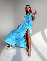 Вечернее красивое голубое платье длинное с открытыми плечами и разрезом