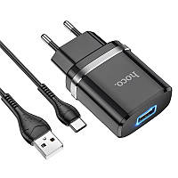 Сетевое зарядное устройство Hoco N1 12W. 2.4A с USB разъемом и кабелем Type-c в комлекте Чёрный.