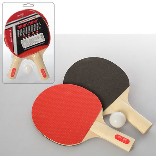 Ракетки тенісні 2 шт., EVA+гума, ручка дерево, 1 кулька 40 мм, у слюді 18,5-29-4 см