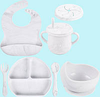 Набор детской силиконовой посуды тарелка слюнявчик тарелка для супа ложка вилка поильник 2Life Y1 7 шт Мрамор