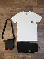 Летний комплект 3 в 1 футболка шорты и сумка Рибок белого и черного цвета