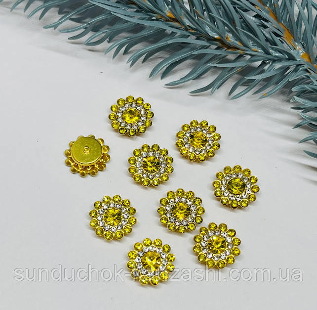 Пришивний декор у металевій оправі 12 мм-Квітка, Стрази-жовті, шт