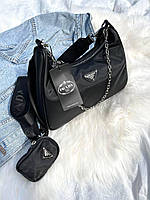 Модная женская сумка Prada Black Прада двойка 2 в 1 нейлон черная