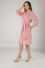 Велюровий жіночий короткий халат з мереживом на запах, велюровий халат для жінок Пудровий