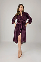 Велюровый женский короткий халат с кружевом на запах, велюровый халат для женщин Фиолетовый