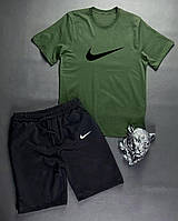Мужской спортивный костюм Nike летний комплект Найк Футболка хаки + Шорты черные топ качество