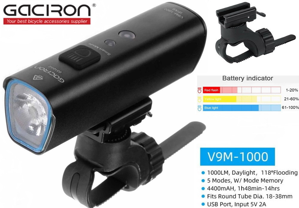 Велосипедний ліхтар GACIRON 1000 LM (V9M-1000), Датчик світла, Smart Mode, Type-C USB, 4000mAh, 6 Mode, IPX6, фото 1