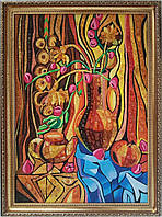 Картина з бурштином в стилі абстракції Ваза з квітами (rb-39)