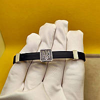 Браслет мужской серебряный кожаный герб Тризуб из серебра | Мужские серебряные браслеты на руку