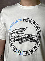 Однотонная летняя футболка Lacoste белая (черно синие лого), Мужская футболка Лакоста повседневная стильная
