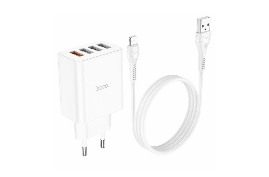 Блок живлення hoco. C102A з кабелем (Lightning) для Iphone / 4 USB / 28.5 Ват / Швидка зарядка Quick Charge 3.0 / Білий, фото 1