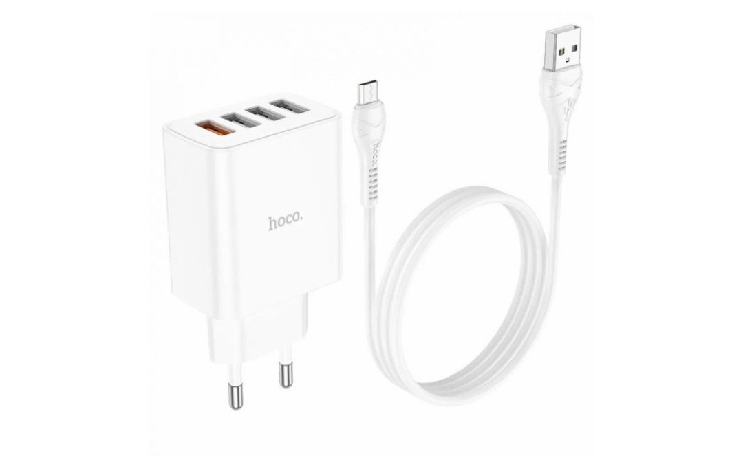 Блок живлення hoco. C102A з кабелем Micro-USB / 4 USB / 28.5 Ват / Швидка зарядка Quick Charge 3.0 / Білий, фото 1