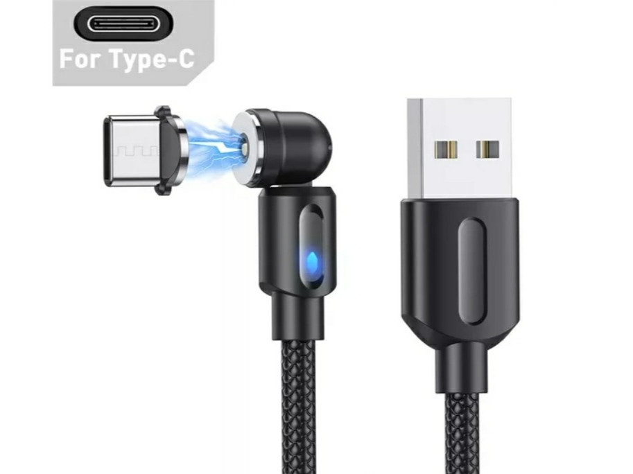Магнітний кабель USLION 2 в 1 / Type-C - USB / 540 градусів / Круглий / 200 см. / Чорний, фото 1