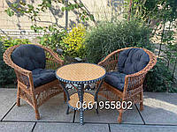 2 кресла низкая спинка + круглый столик "Краб" с ротангом и подушками