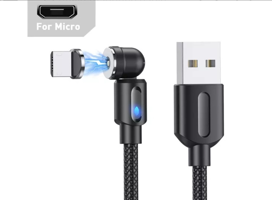 Магнітний кабель USLION 2 в 1 / Micro - USB / 540 градусів / Круглий / 100 см. / Чорний, фото 1