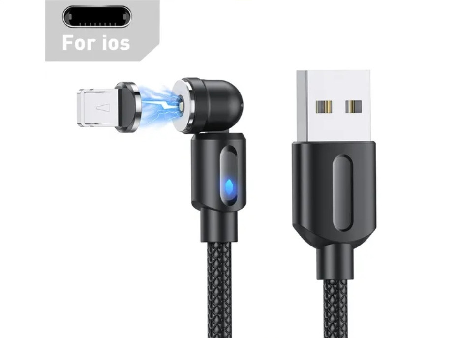 Магнітний кабель USLION 2 в 1 / Lightning (Iphone) - USB / 540 градусів / Круглий / 100 см. / Чорний, фото 1