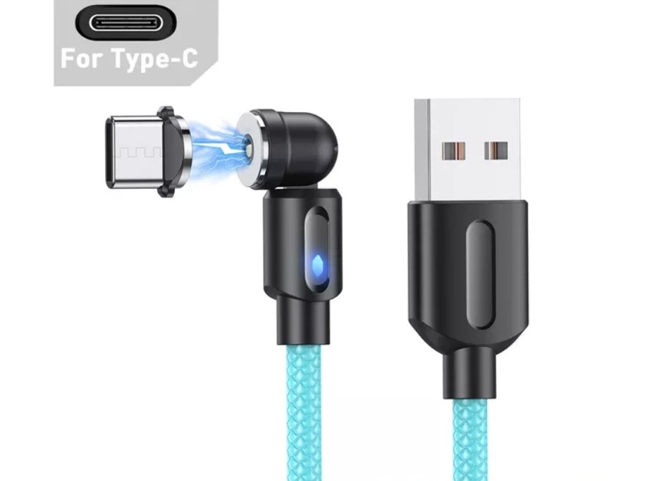 Магнітний кабель USLION 2 в 1 / Type-C - USB / 540 градусів / Круглий / 200 см. / Блакитний, фото 1