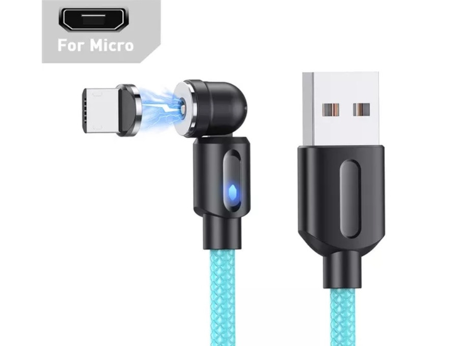 Магнітний кабель USLION 2 в 1 / Micro - USB / 540 градусів / Круглий / 200 см. / Блакитний, фото 1