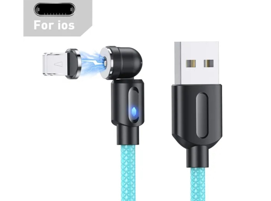 Магнітний кабель USLION 2 в 1 / Lightning (Iphone) - USB / 540 градусів / Круглий / 200 см. / Блакитний, фото 1