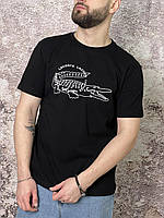 Черная однотонная летняя футболка Lacoste (белое лого), Стильная повседневная мужская удобная футболка Лакоста L