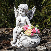 Красивая садовая фигура статуя кашпо Ангел с горшком и птичкой