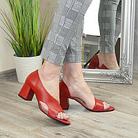 Женские кожаные красные босоножки на устойчивом каблуке