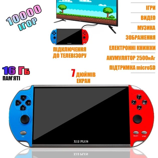 Ігрова ретроприставка Puls PSP X12Puls 10000 ігор 16gb-7" Портативна консоль зі встановленими іграми, ТВ вих, фото 1