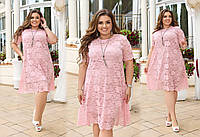 Женское нарядное розовое платье свободного кроя гипюровое большие размеры