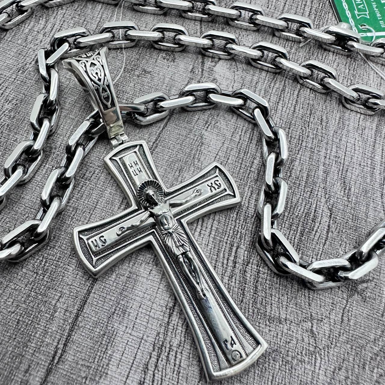 Срібний якірний ланцюжок і масивний хрест із розп'яттям комплект 925 проби з чорнінням