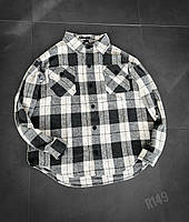 Мужская рубашка в клетку байковая оверсайз (черная с белым) r149 классная стильная модная и теплая тренд