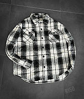 Мужская рубашка в клетку байковая оверсайз (черная с белым) r150 классная стильная модная и теплая тренд