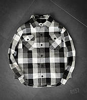 Мужская рубашка в клетку байковая оверсайз (черная с белым) r157 классная стильная модная и теплая тренд