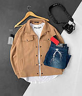 Мужской бомбер молодежный (бежевый) TN5 стильная легкая куртка на кнопках сезон осень-весна для парней тренд