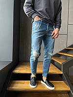 Мужские базовые джинсы (синие) #6570-3468 молодежные без принтов с потертостями повседневные для парней тренд