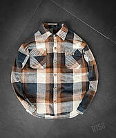 Мужская рубашка в клетку байковая оверсайз (черная с коричневым) r158 классная стильная модная и теплая cross