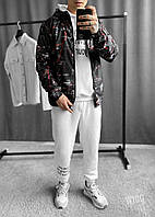 Ветровка мужская демисезонная с принтом (черная) w100 модная короткая куртка с капюшоном для парней top