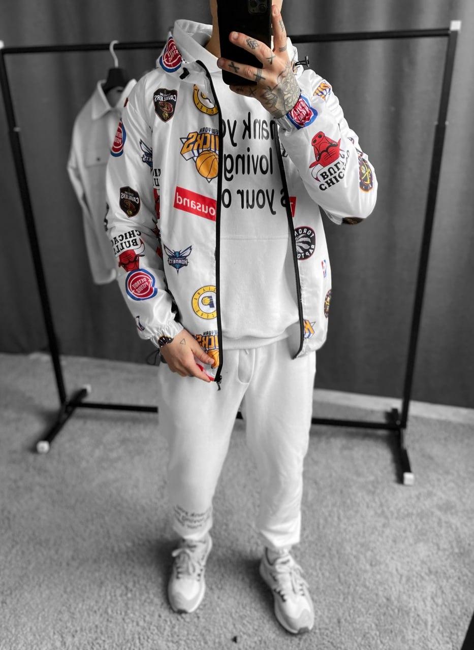 Вітровка чоловіча демісезонна з принтом (біла) w27 сучасна модна коротка куртка з капюшоном для хлопців top, фото 1