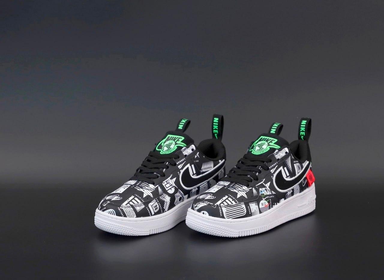 Чоловічі кросівки Nike Air Force (чорні з білим/зеленим) повсякденні кеди з малюнками К12284 top, фото 1